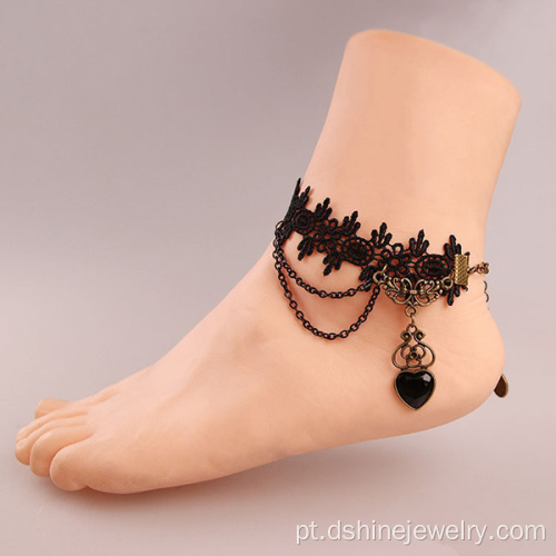 Lady Black Lace tornozeleiras coração charme Tassel tornozeleira Joias
